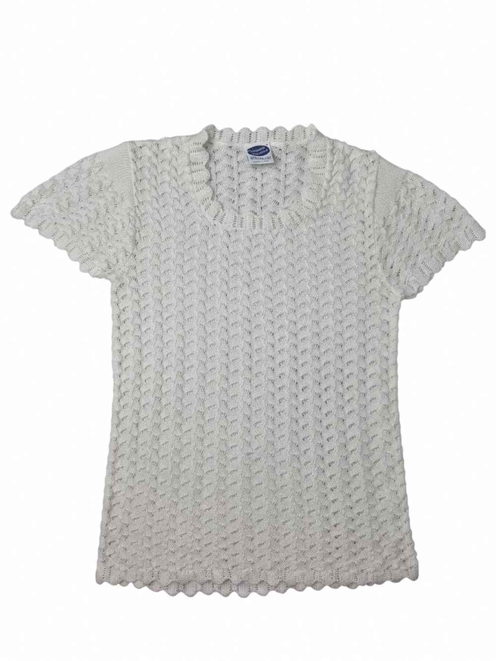 VTG 70s Designers Originals Open Knit Scallop Top Cream Small Made In USA